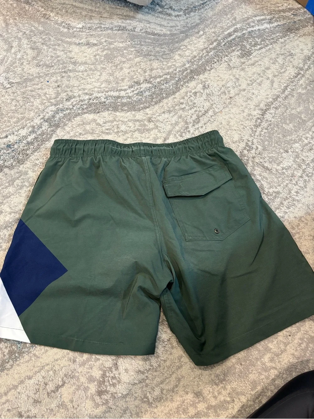 HARMONQLO Olive Green Swim Trunks with Blue Logo Tag
